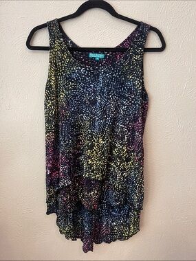 Bali Batiks Black Layered Sleeveless Top with Multicolor Burst Print. Size M.